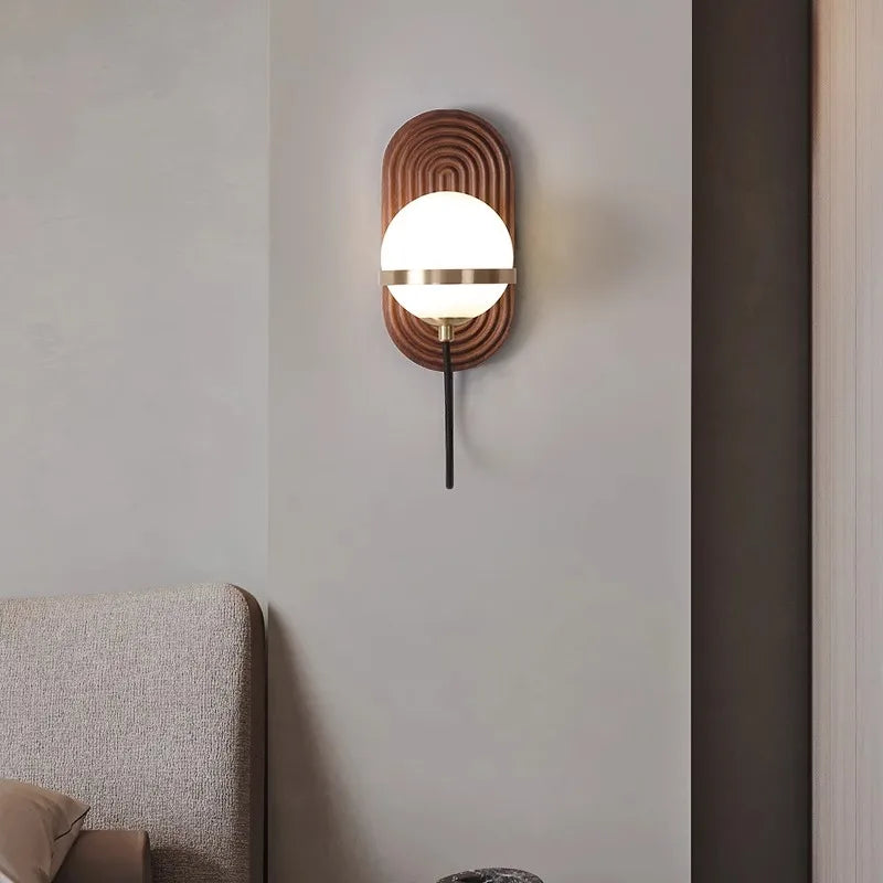 Walnut Wood Circular Sphere, Wabi-sabi minimalist Modern style, Wall Sconce light for Bedroom, Bedside, Living, Dining Room - vue 3 sur 8