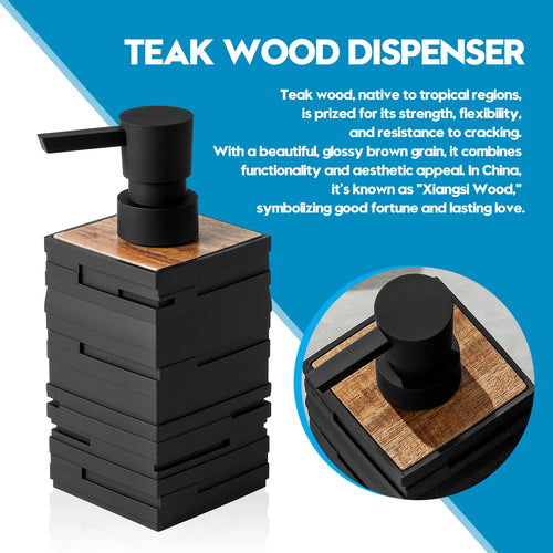 distributeur de savon noir mat avec décor en bois de teck grande capacité - vue 5 sur 6