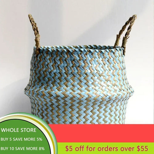 panier de rangement pliable en osier fait main patchwork seagrass - vue 3 sur 8