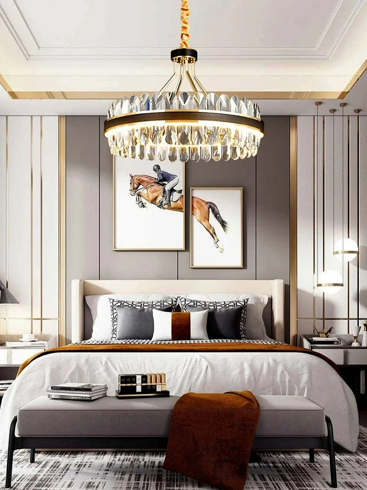 lustre en cuir led cristal luxueux rond suspendu moderne - vue 4 sur 24