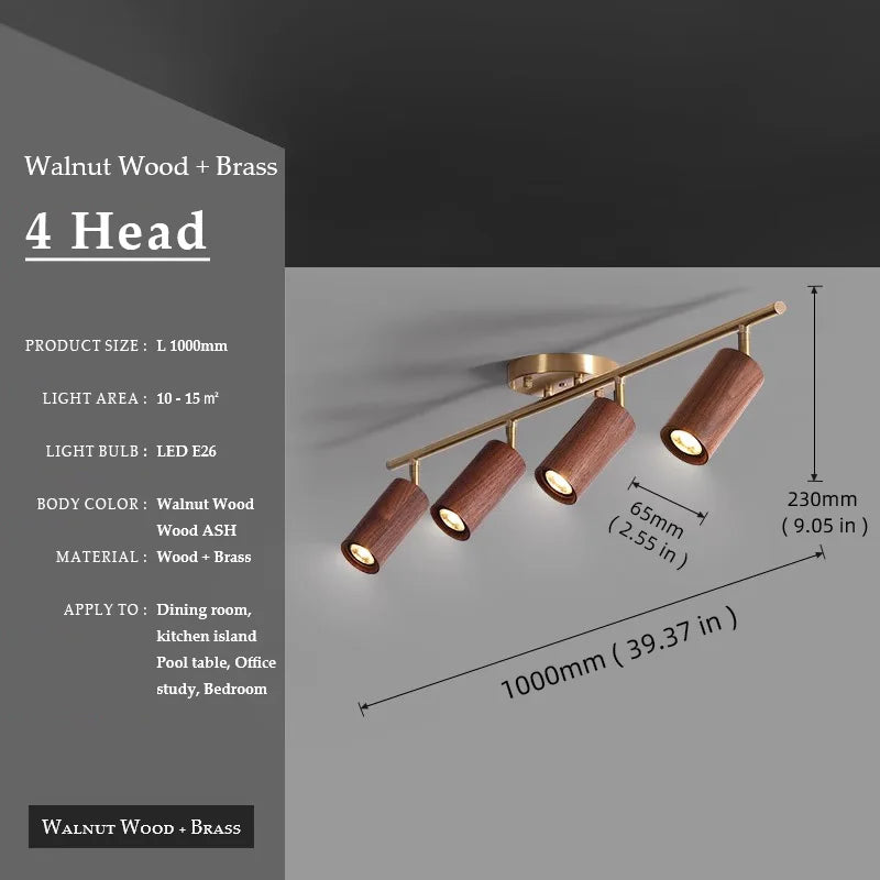 Walnut Wood Brass Spotlight Ceiling Light Fixture, Living Room Light for Dining Room, Kitchen Island, Corridor aisle, bedroom - vue 11 sur 14