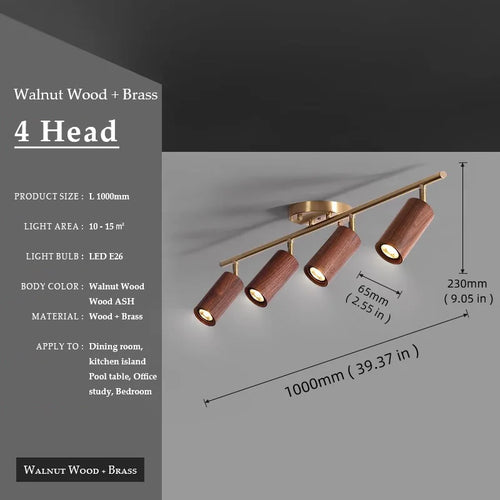 Walnut Wood Brass Spotlight Ceiling Light Fixture, Living Room Light for Dining Room, Kitchen Island, Corridor aisle, bedroom - vue 12 sur 14