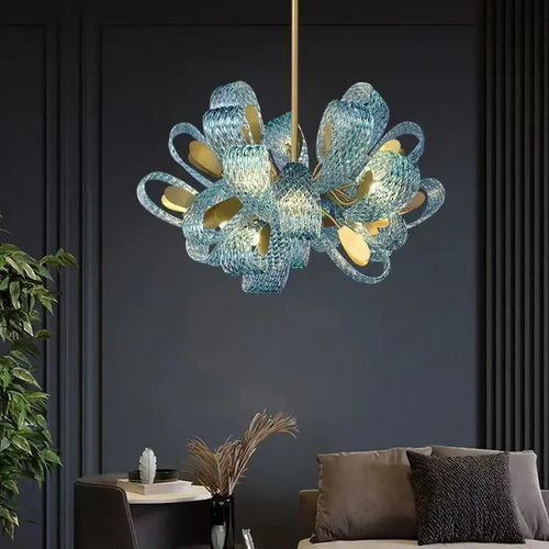 lustre moderne en verre design feuille de paon led suspendu - vue 2 sur 21