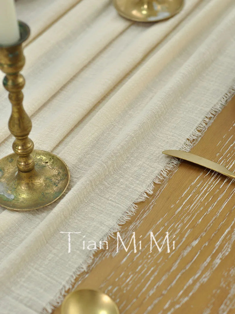 Chemin de table coton gaze vintage couleur unie - vue 6 sur 7