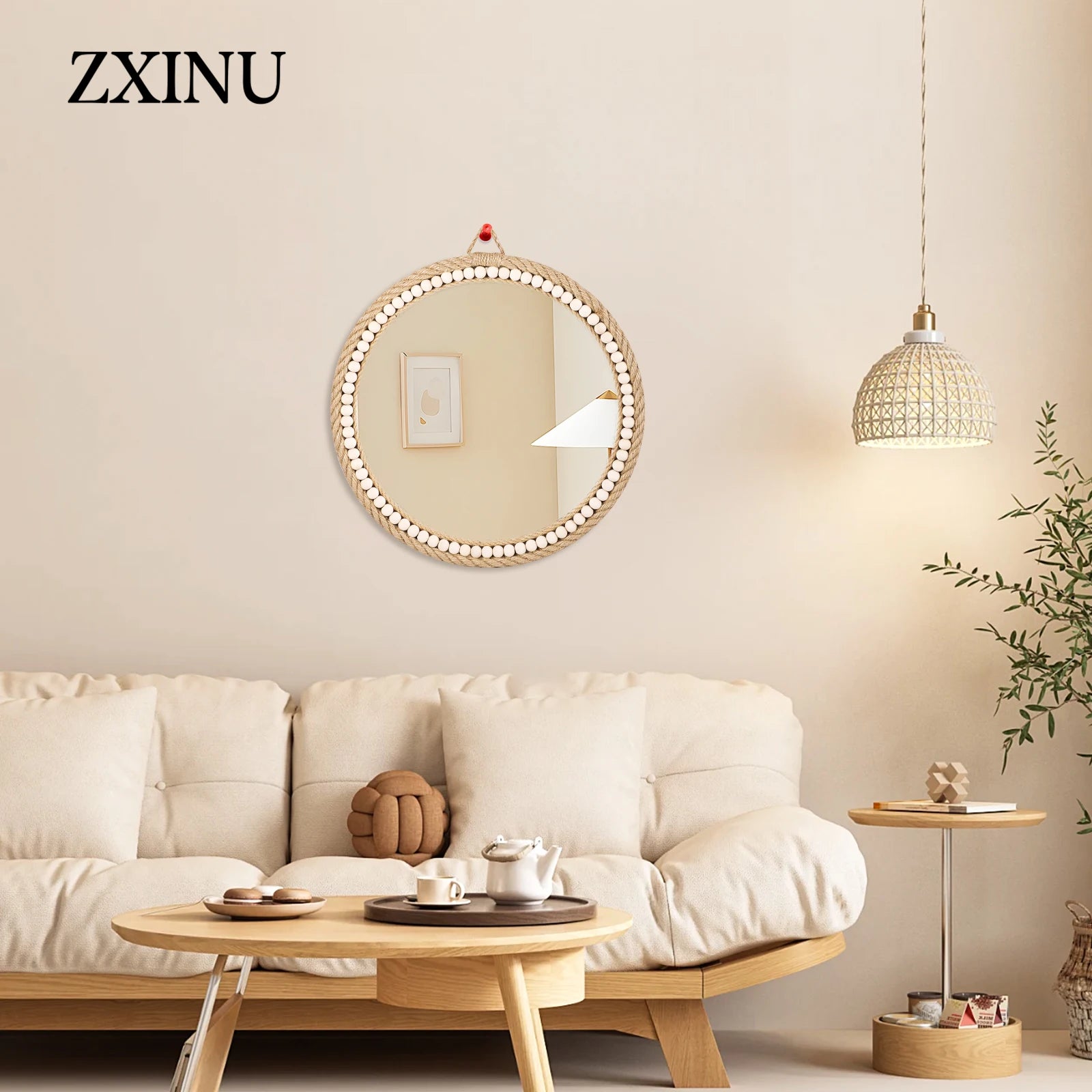 miroir mural décoratif rond en rotin à suspendre - vue 5 sur 7