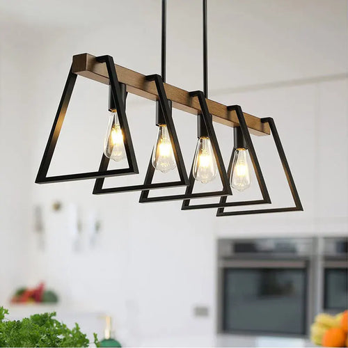 Lustre style Américain Vintage Industriel 4 têtes Fer Art Imitation Bois Grain Restaurant Cuisine Café Bar Comptoir - vue 2 sur 7