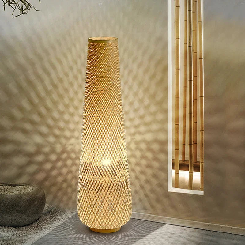 lampadaire cylindrique en bois et osier rétro tissé en bambou - vue 4 sur 9