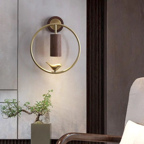 Walnut Wood Circle Brass bird, Wabi-sabi Modern style, Wall Sconce light for Bedroom, Bedside, Living, Recreation, Study - vue 3 sur 8