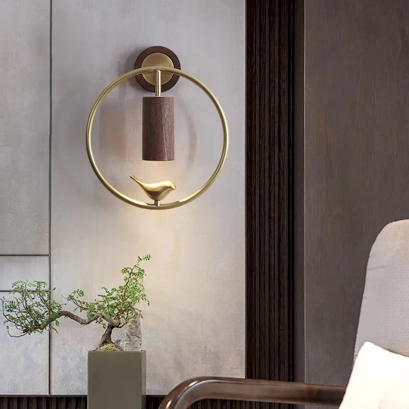 Walnut Wood Circle Brass bird, Wabi-sabi Modern style, Wall Sconce light for Bedroom, Bedside, Living, Recreation, Study - vue 2 sur 8
