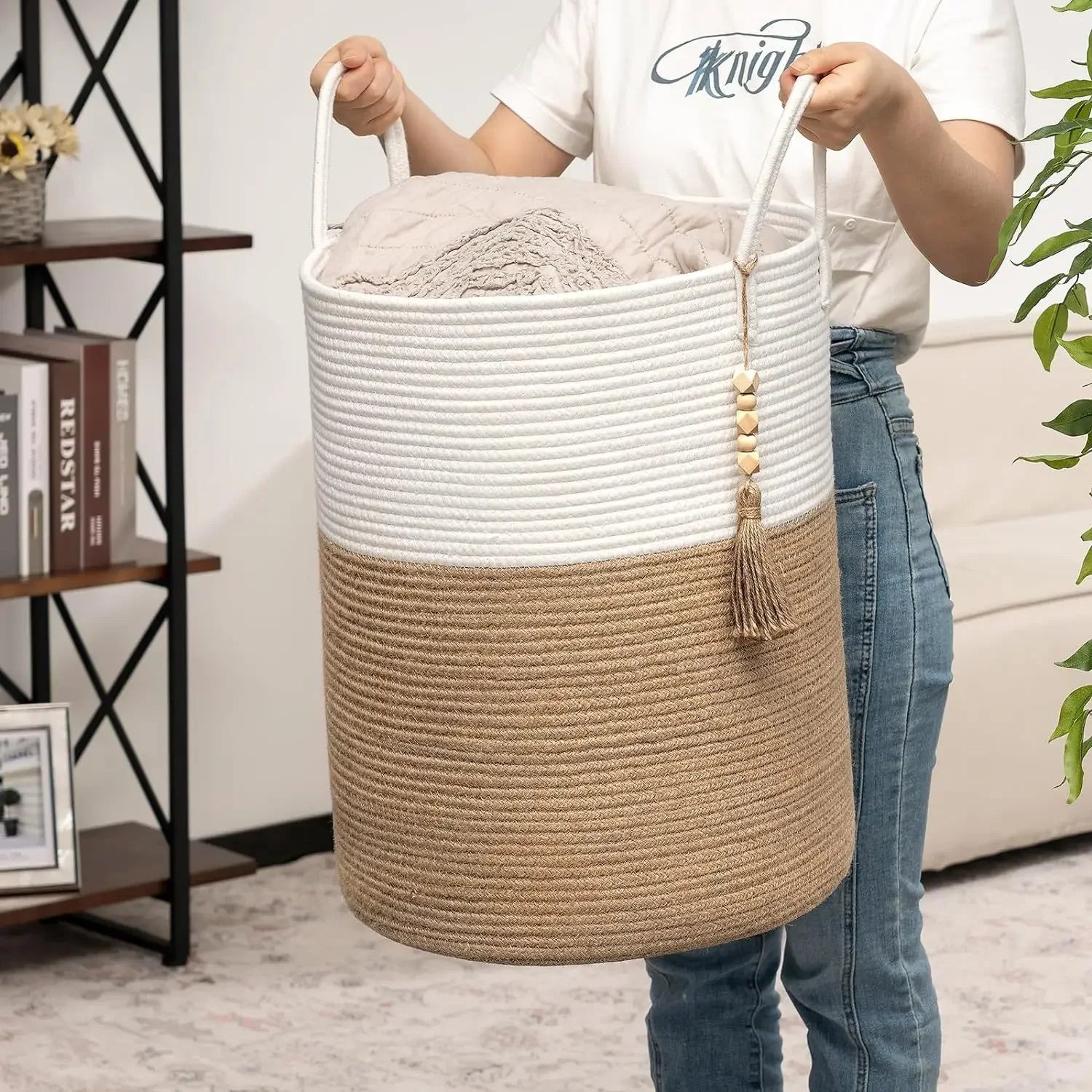 grand panier de rangement tissé avec poignées en coton pliable - vue 6 sur 9