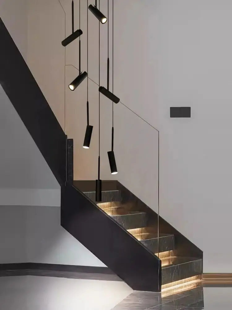 Led cylindrique spot suspension design moderne Restaurant éclairage noir blanc minimaliste escalier Long lustre - vue 6 sur 14