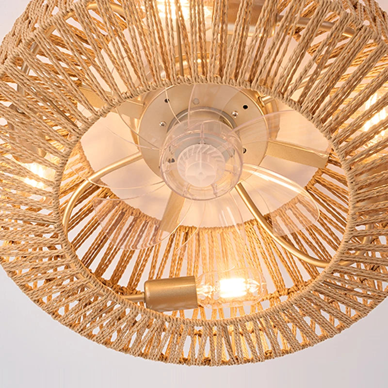 ventilateur de plafond en rotin avec lumière et télécommande vintage - vue 6 sur 7