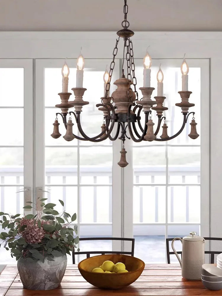 lustre rétro américain en bois massif à 6 têtes pour restaurant - vue 4 sur 7