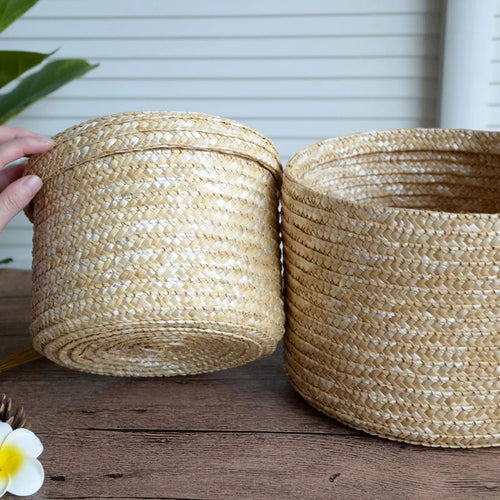 panier de rangement rond en paille tissée avec couvercle polyvalent - vue 5 sur 10