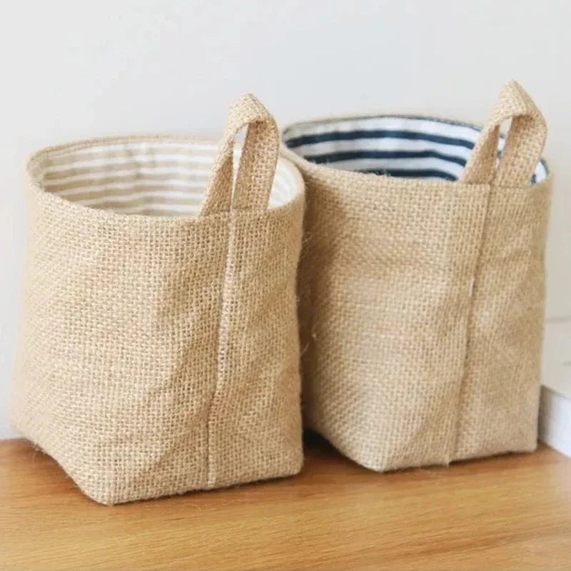 panier de rangement en coton et lin avec poignée - vue 6 sur 16