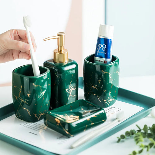 ensemble de toilette en céramique dorée mate nordique accessoires de salle - vue 3 sur 11
