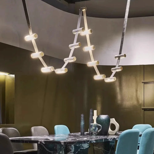lustre art déco led avec barre lumineuse en cuir artificiel - vue 3 sur 5