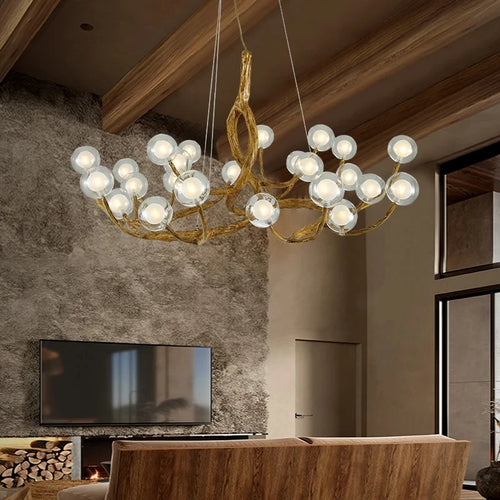 lustre nordique en résine imitation branche avec boule de verre - vue 2 sur 9