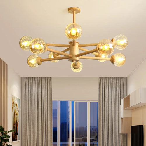 lustre moderne en bois avec abat-jour en verre pour décoration maison - vue 7 sur 10