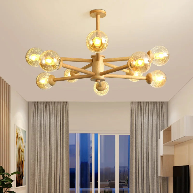 lustre moderne en bois avec abat-jour en verre pour décoration maison - vue 6 sur 10