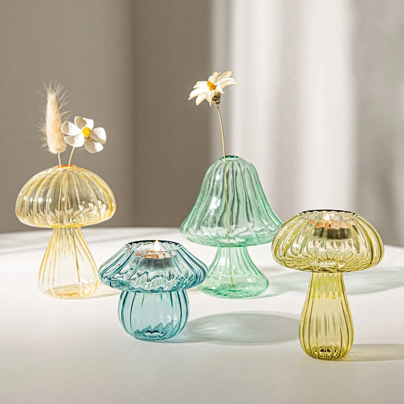 bougeoir champignon en verre pour décoration de table et vase - vue 6 sur 14