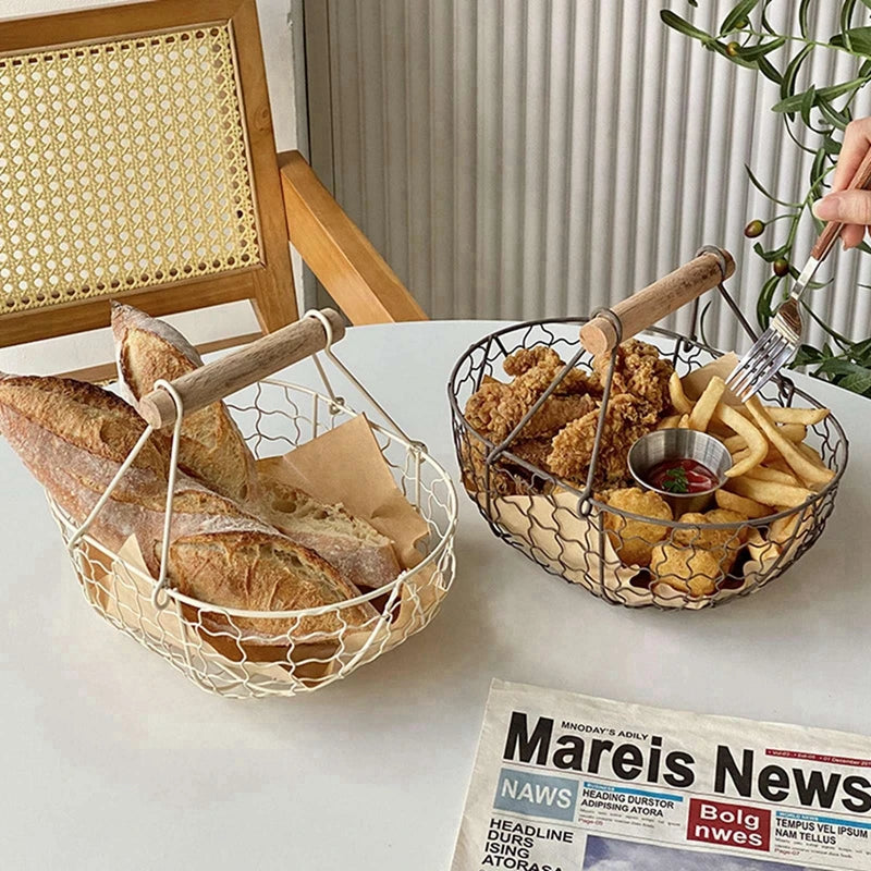 panier en fer pour fruits légumes et pain avec poignée en bois - vue 4 sur 10