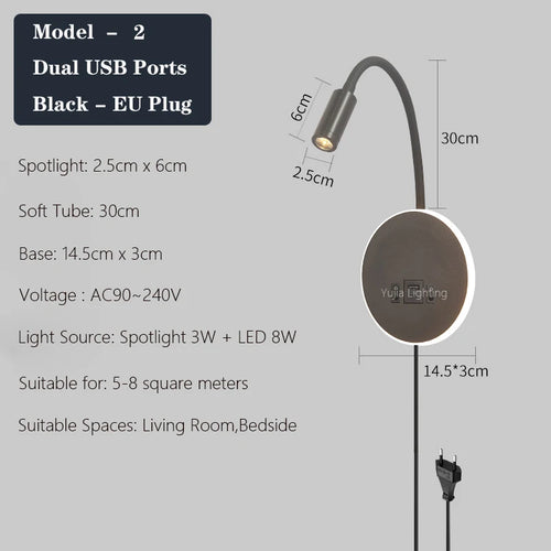 applique murale led moderne avec ports usb et interrupteur - vue 13 sur 22