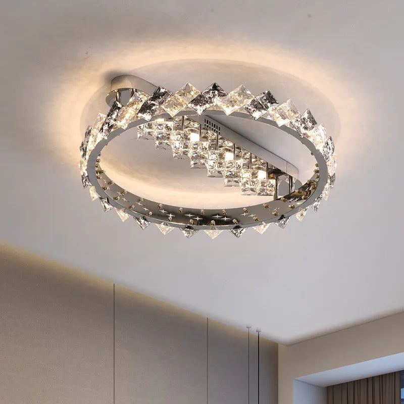 lustre moderne en acier inoxydable chrome avec éclairage en cristal - vue 1 sur 10