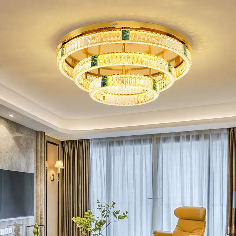 lustre moderne en cristal rond à trois couches led - vue 5 sur 15