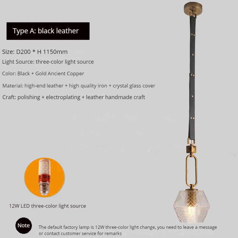lustre moderne en cuir avec suspension lumière et verre cristal - vue 11 sur 14