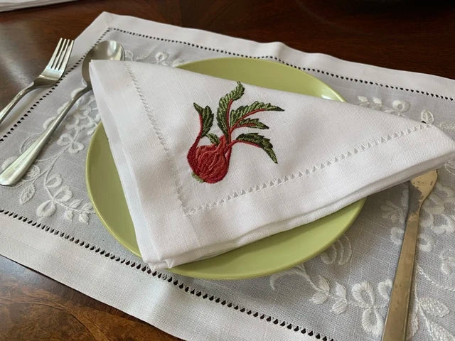 Serviette de table brodée légumes lin coton campagnard