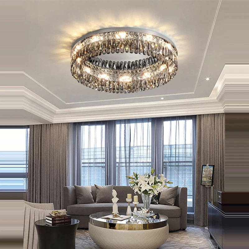 plafonnier led cristal doré chromé intensité variable design moderne - vue 3 sur 18