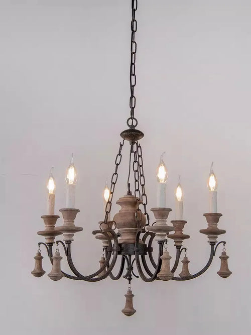 lustre rétro américain en bois massif à 6 têtes pour restaurant - vue 3 sur 7
