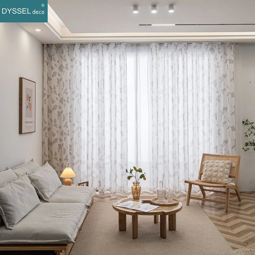 Voilage texture lin motif feuilles erable style champetre - vue 4 sur 6