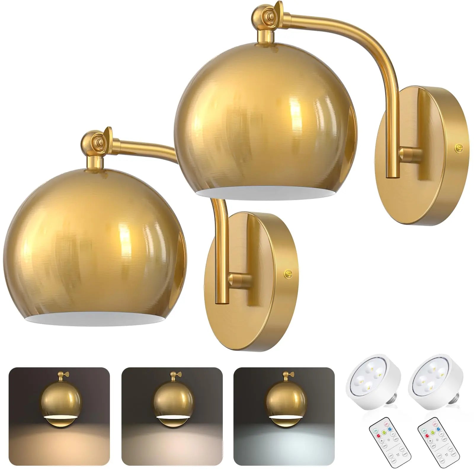 Gold Wall Sconces Battery Operated, Not Hardwired Dimmable, Battery Wall Sconce Wireless Wall Lamp for Bedroom, Bulb Included - vue 1 sur 7