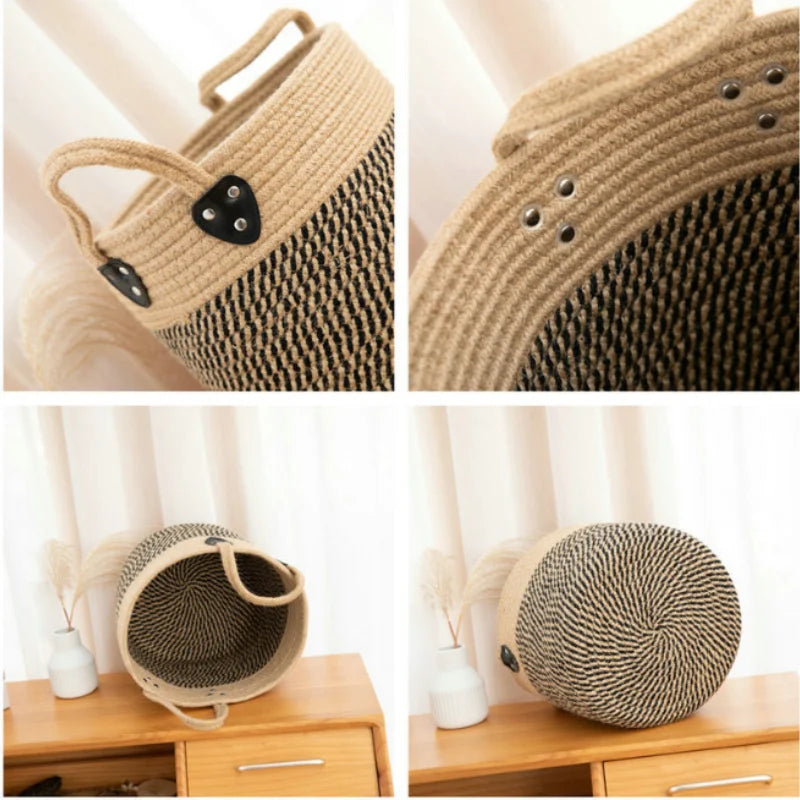 panier de rangement en jute et coton avec poignée - vue 6 sur 7