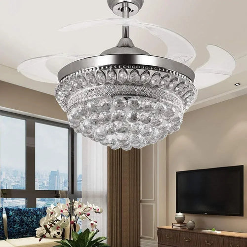 lustre ventilateur chromé en cristal avec lumière led changeante - vue 4 sur 8