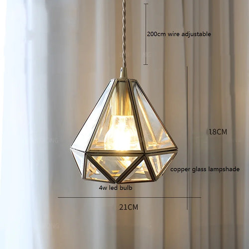 Suspension vintage en cuivre avec abat-jour en verre fait main - vue 10 sur 21