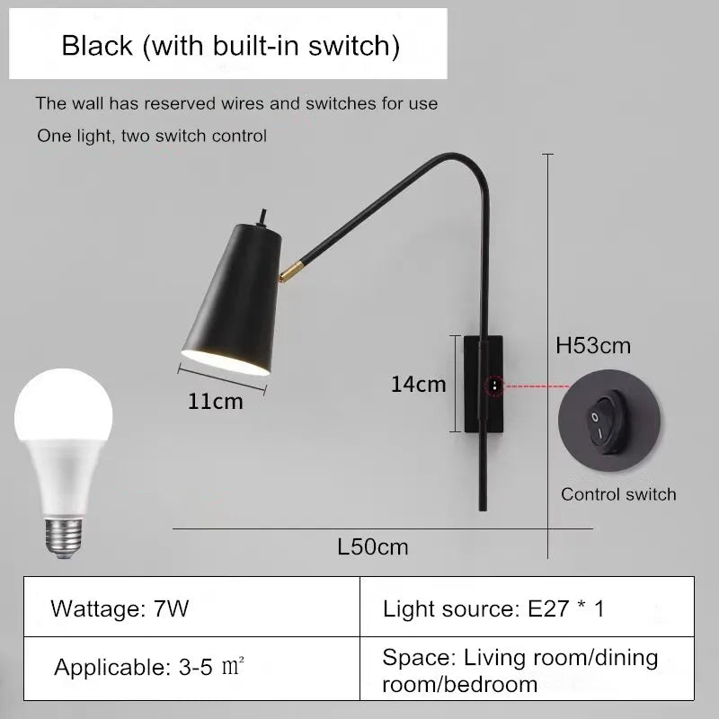 Minimally Adjustable Bedroom Bedside Wall Lamp, Long Arm Dining Room Wall Lamp, Nordic Long Pole Industrial Style Swing Arm Lamp - vue 10 sur 12