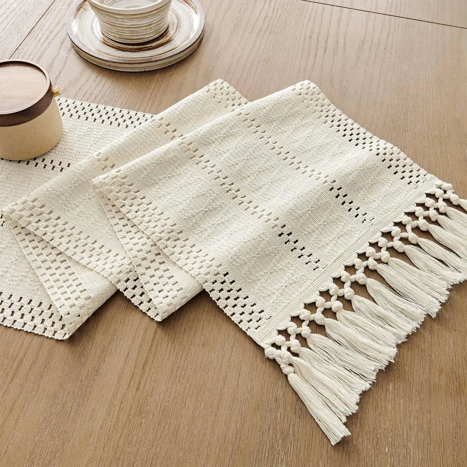 Chemin de table macrame boheme ivoire franges - vue 2 sur 7