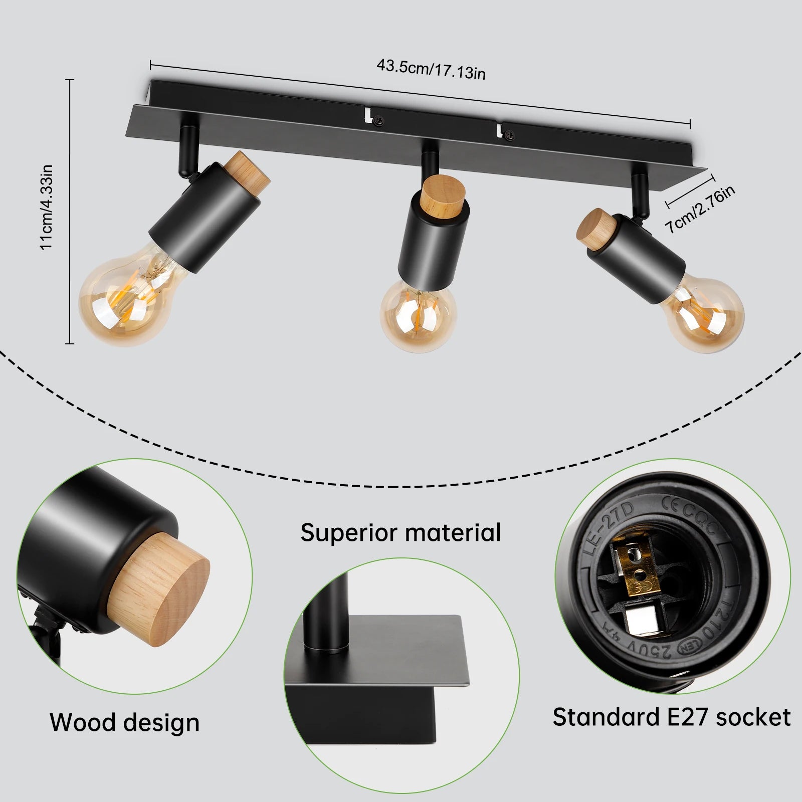 plafonniers Kimjo noir bois rotatif Spot luminaires plafond E27 - vue 3 sur 6