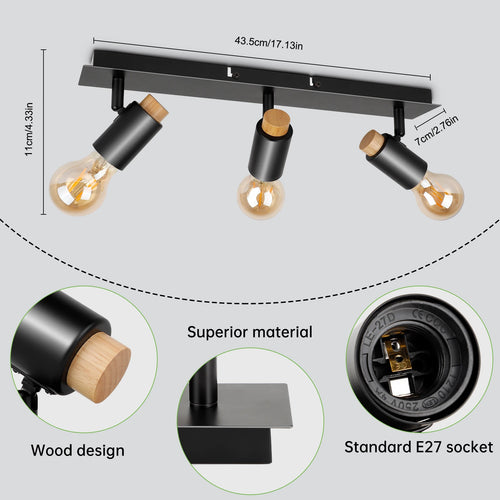 plafonniers Kimjo noir bois rotatif Spot luminaires plafond E27 - vue 3 sur 6