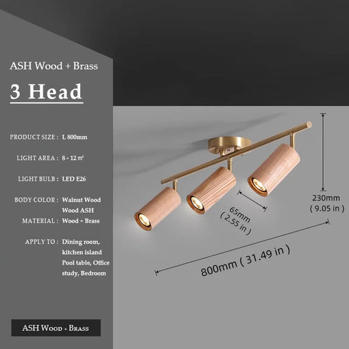 Walnut Wood Brass Spotlight Ceiling Light Fixture, Living Room Light for Dining Room, Kitchen Island, Corridor aisle, bedroom - vue 9 sur 14