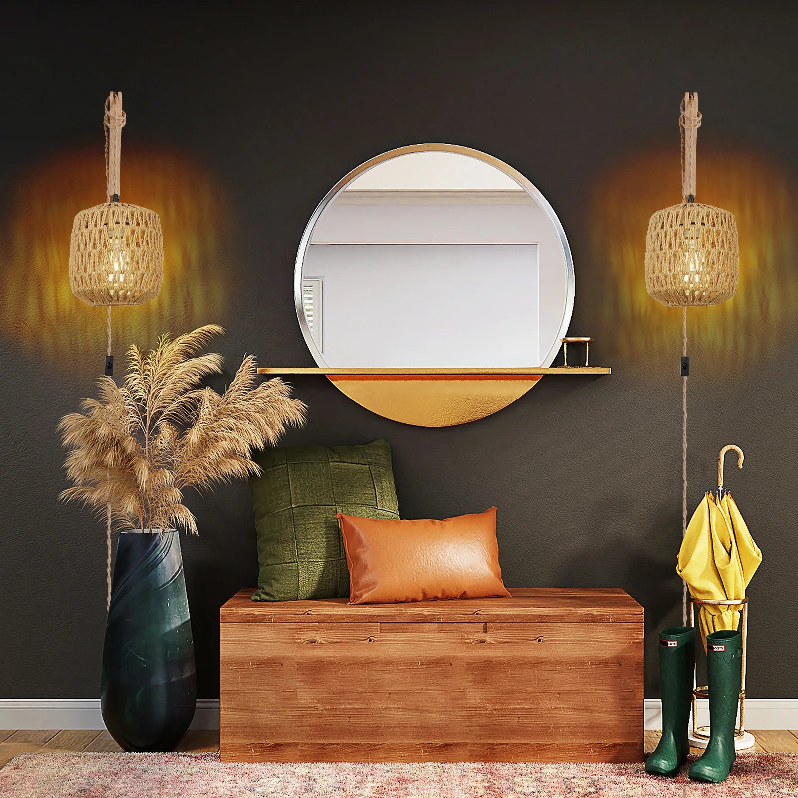applique murale led en rotin tissée rétro avec corde de chanvre - vue 5 sur 6