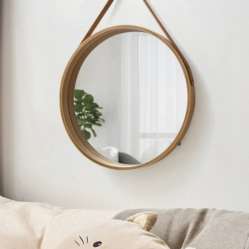 miroir mural rond avec bordure en bois épais - vue 4 sur 7