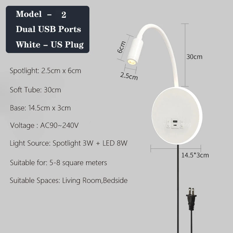 applique murale led moderne avec ports usb et interrupteur - vue 13 sur 22