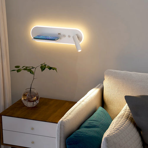 applique murale led de chevet multifonction avec port usb et chargeur sans fil - vue 2 sur 12