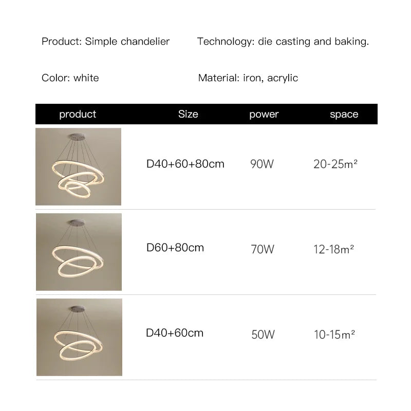 Modern Nordic LED Chandeliers For Living Rooms, Bedrooms, Restaurants, Kitchens, Chandeliers, White Circular 3-ring Design - vue 6 sur 10