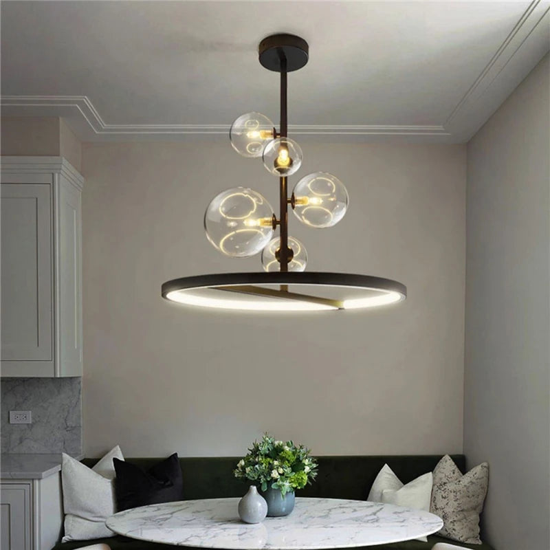 lustre moderne en verre transparent avec bulles en métal - vue 3 sur 10