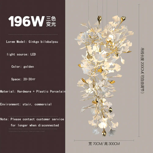 Ginkgo feuille cage d'escalier long lustre lumière atmosphérique villa de luxe duplex bâtiment loft hall d'hôtel lampes d'art créatives - vue 17 sur 20